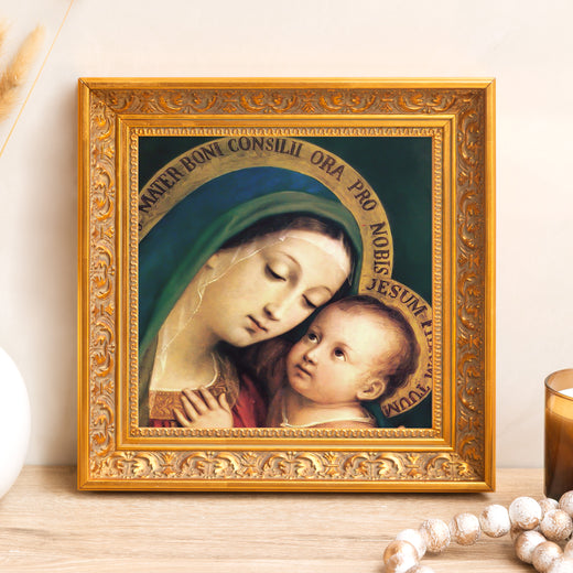 Framed Madonna and Child art print with a highly-detailed gold frame.