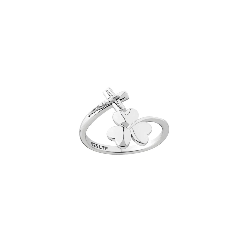 Sterling Silver Irish Trinity Clover & Horizontal Crucifix Adjustable Ring