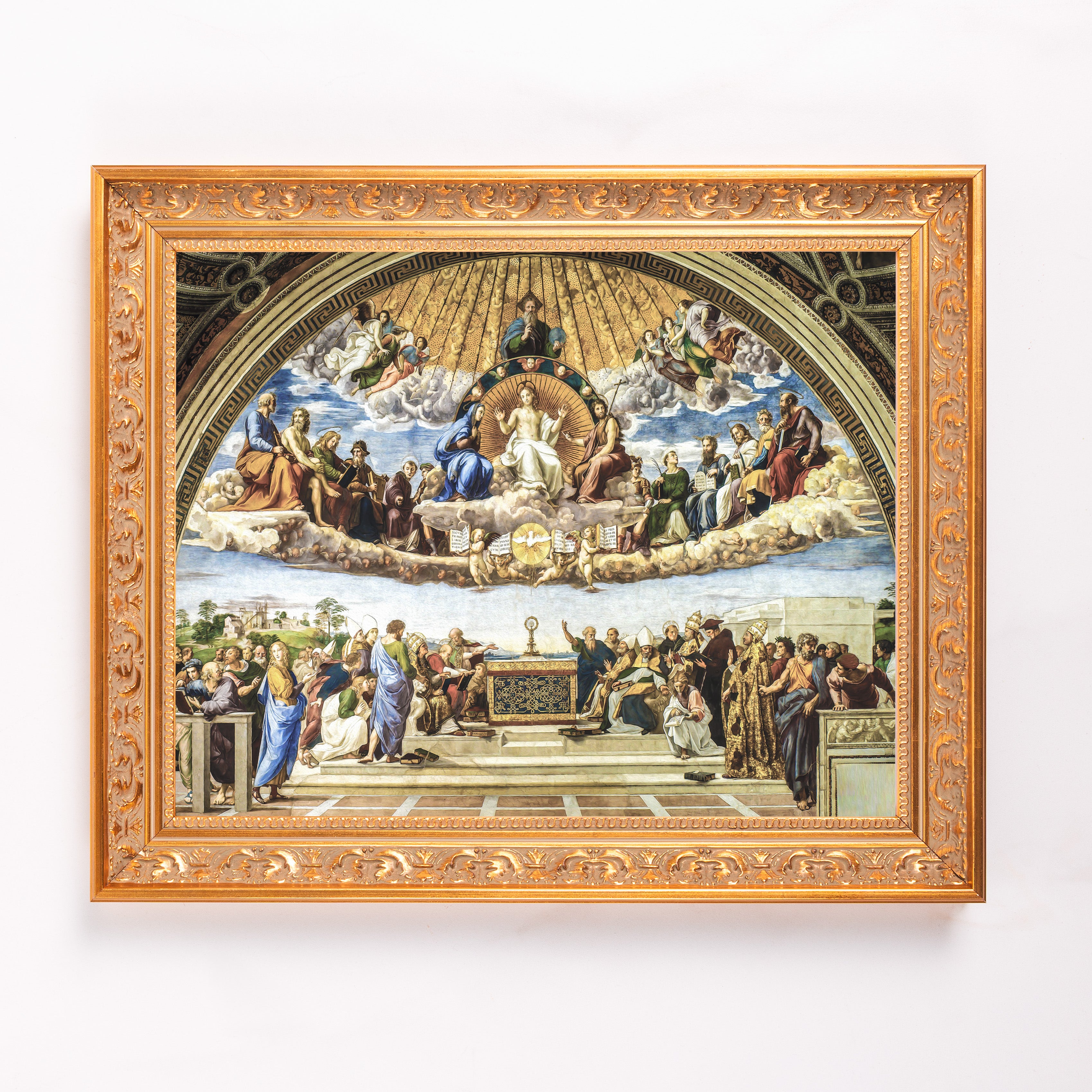 Painting, Raphael's "Disputation of the Holy Sacrament" with a gold frame.