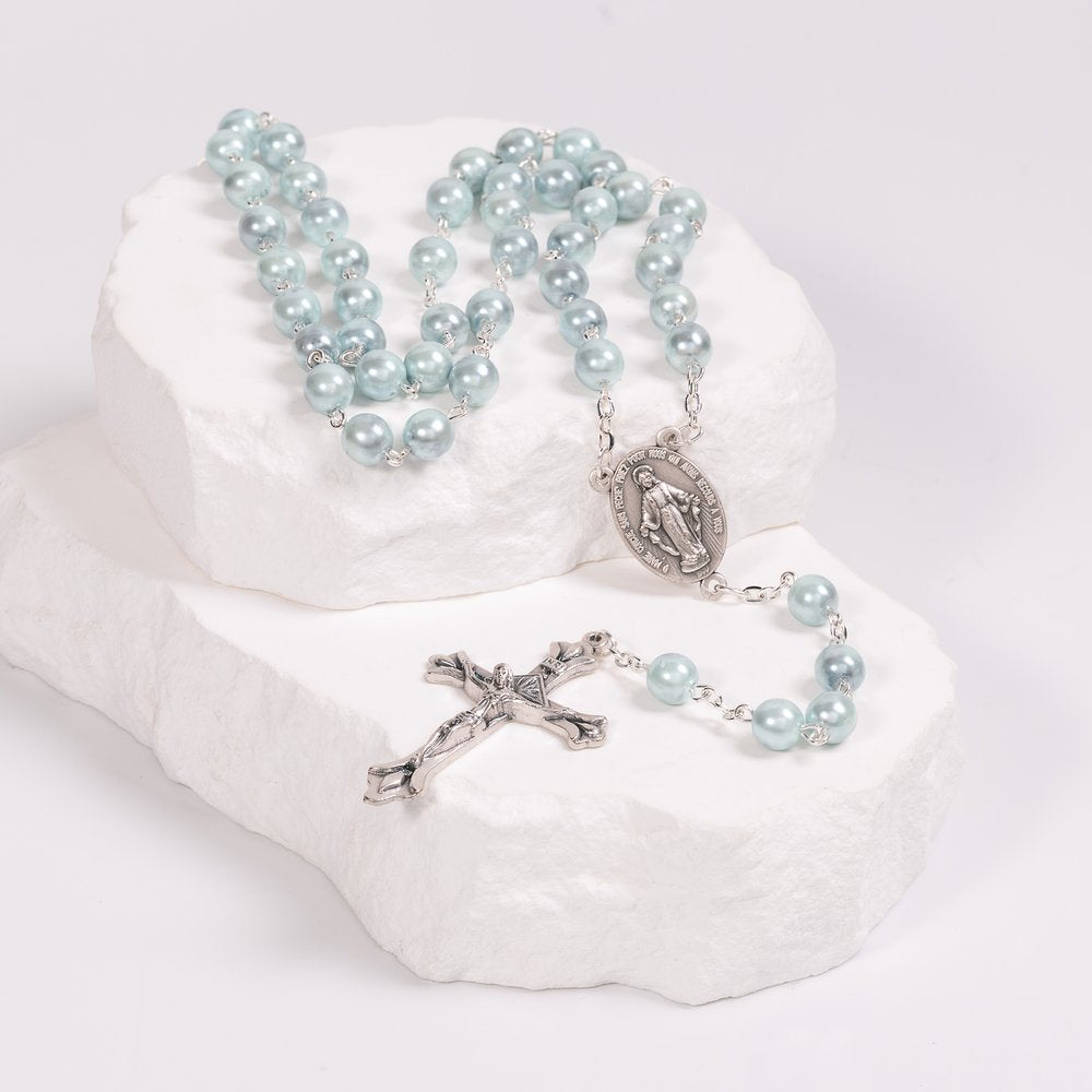 Marian Blue Pearl Rosary in Rose Garden Pouch | The Catholic Company®