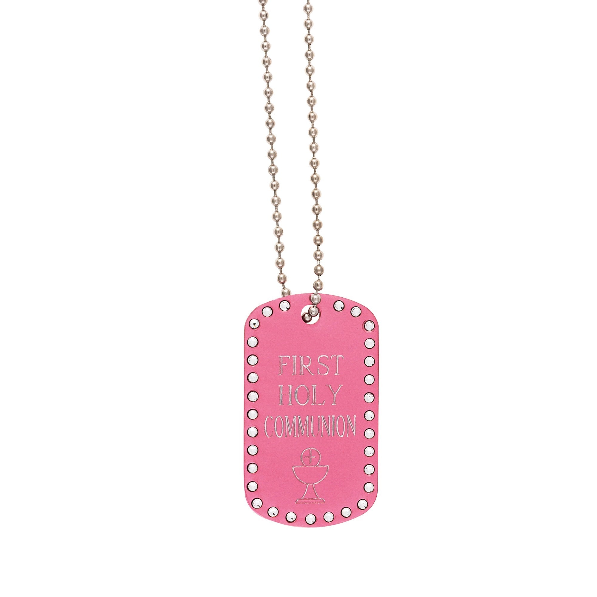 Personalized First Communion Pink Dog Tag Necklace