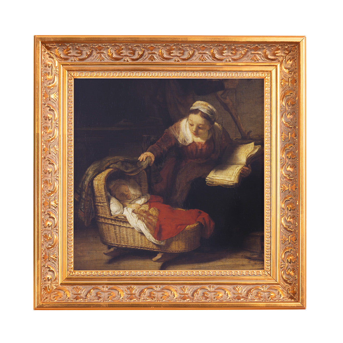 Framed canvas painting shows woman with book near child in cradle, gold ornate frame, classic style.