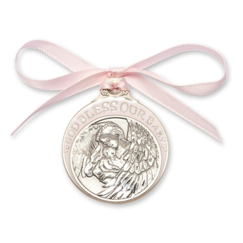 Silver baby blessing ornament with angel design and pink ribbon.
