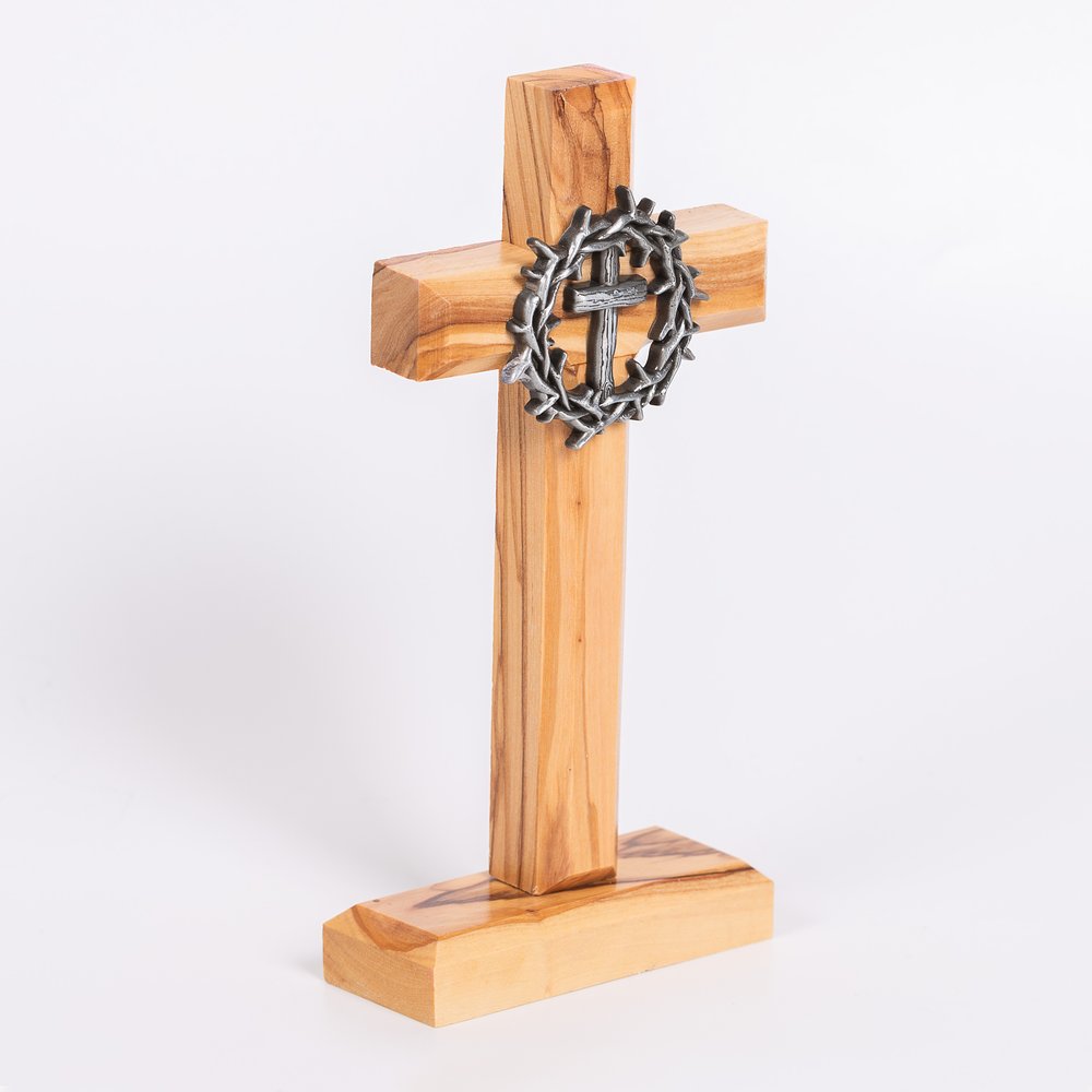 Holy Land Crown of Thorns Olive Wood Standing Cross - 6"