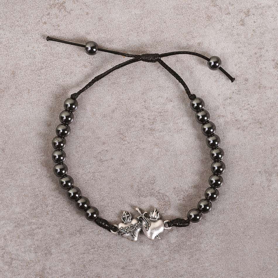 Sacred & Immaculate Hearts Hematite Corded Bracelet