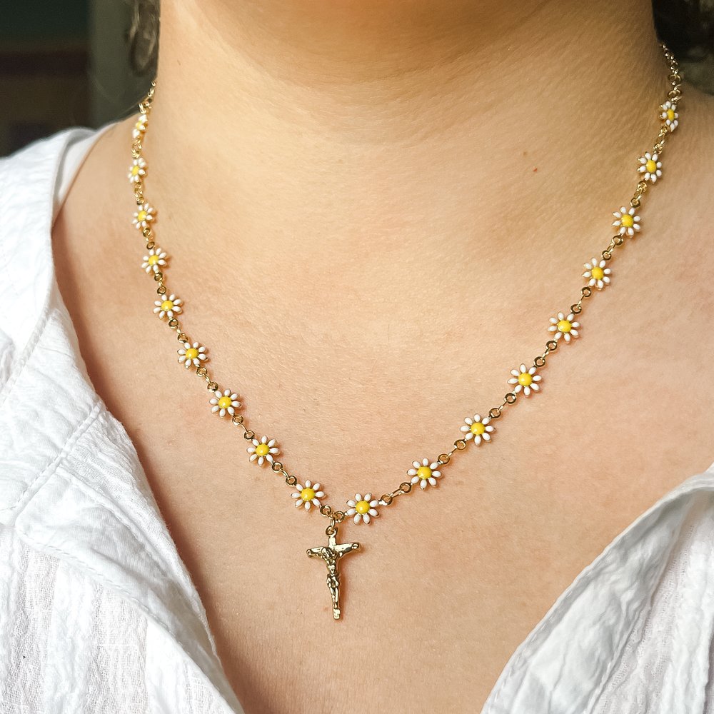 White Daisy Chain Crucifix Necklace