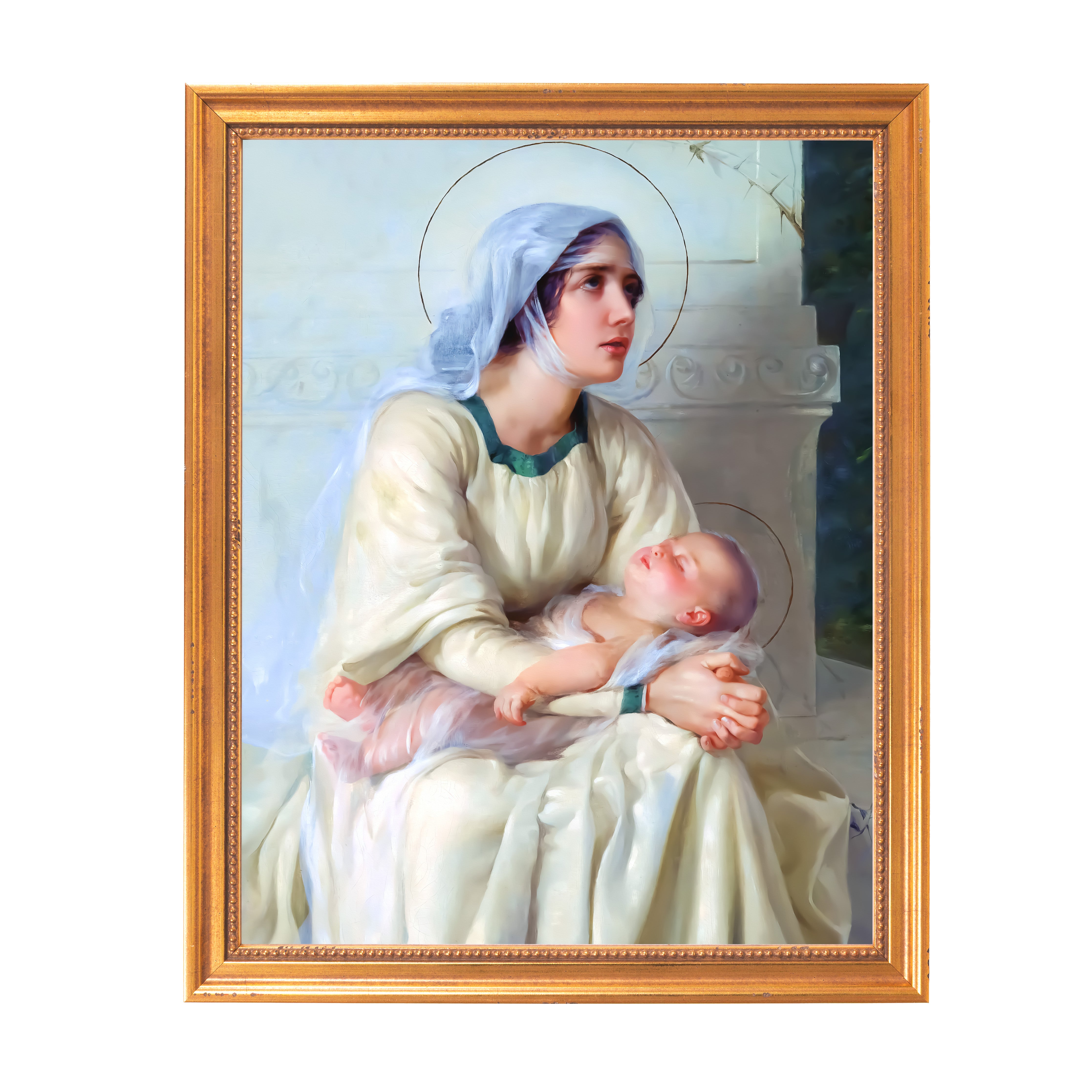 Framed painting of Mary holding baby Jesus, gold frame.