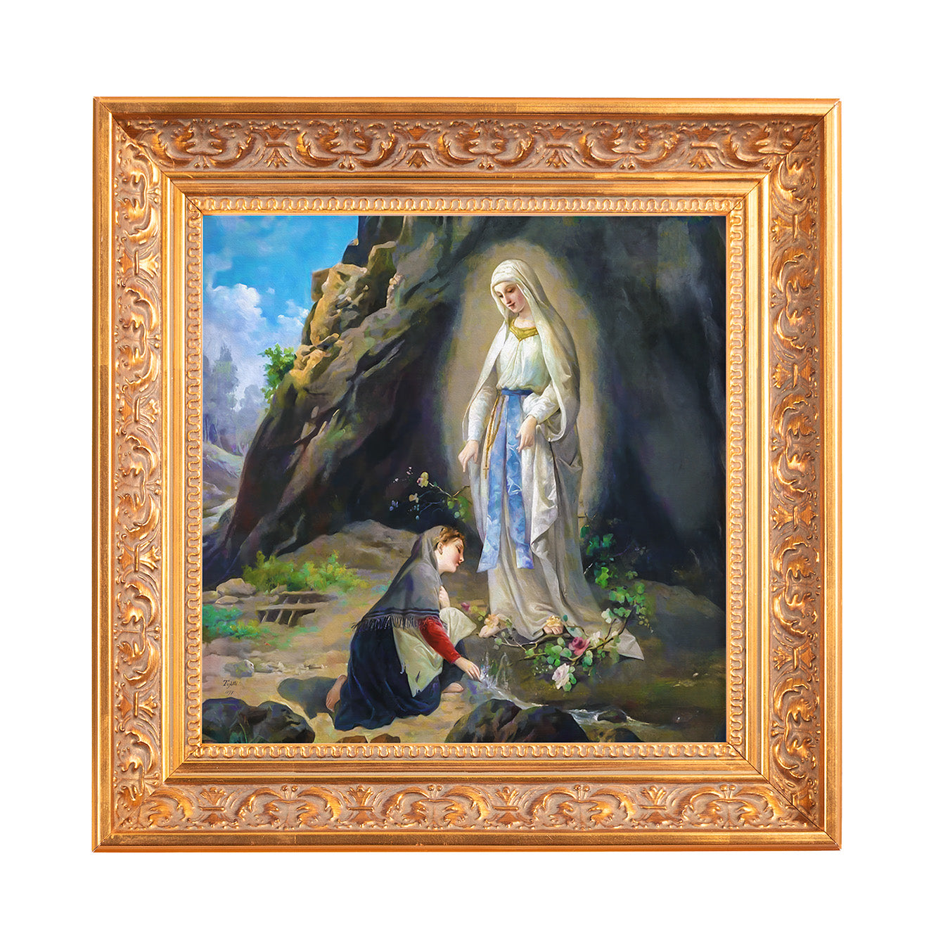 Religious artwork of woman kneeling before Our Lady of Lourdes in gold frame.