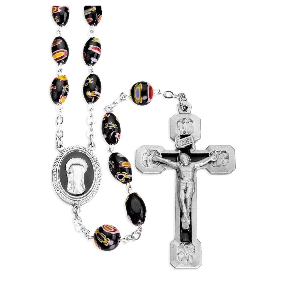 Black Venetian Glass & Multicolored Flowers Rosary