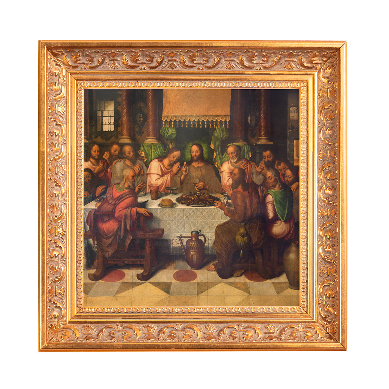 Framed painting depicting the Last Supper with a golden ornamental frame.