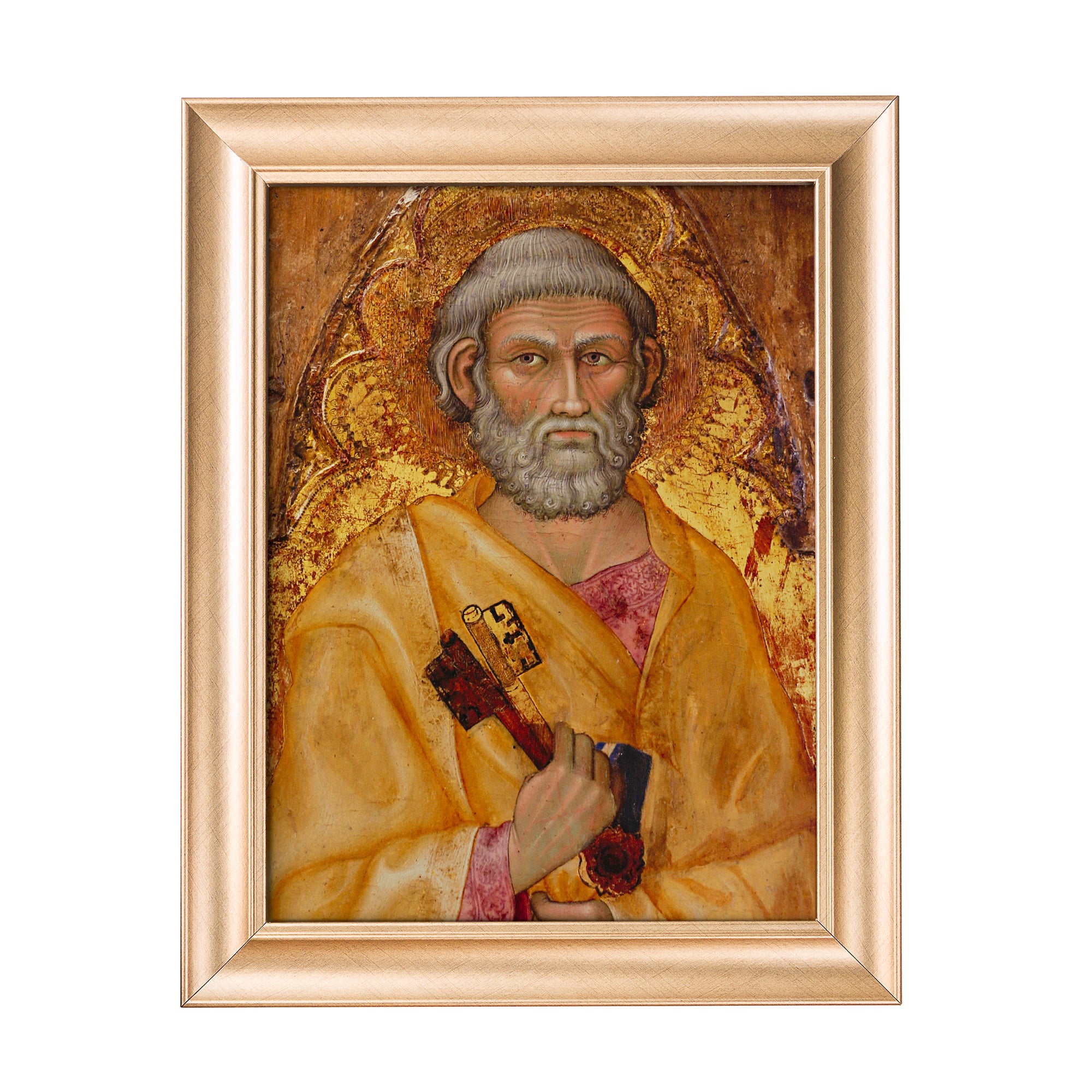 Framed painting of Saint Peter holding keys, with a gold halo and frame.