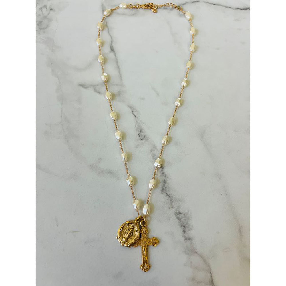 Gold & Freshwater Pearl Miraculous Mary & Crucifix Necklace