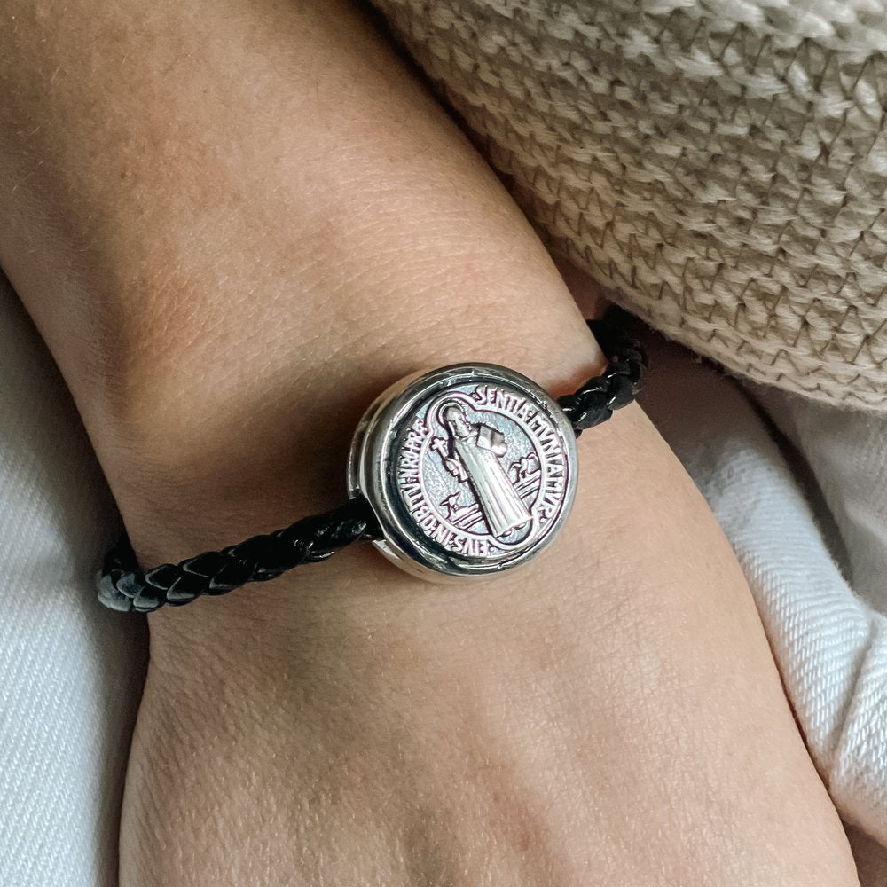 Black Braided Leather St. Benedict Medal Bracelet