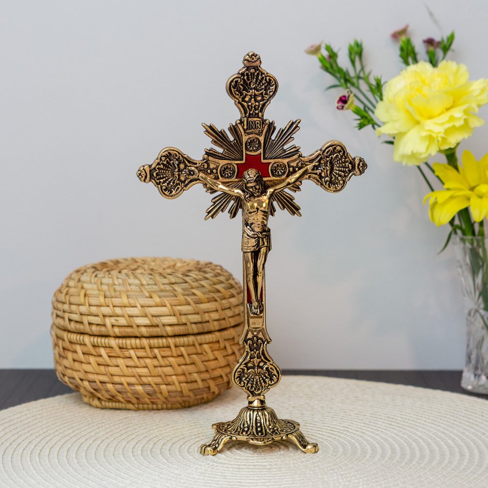 Baroque Gold Standing Crucifix with Red Inlay - 8"