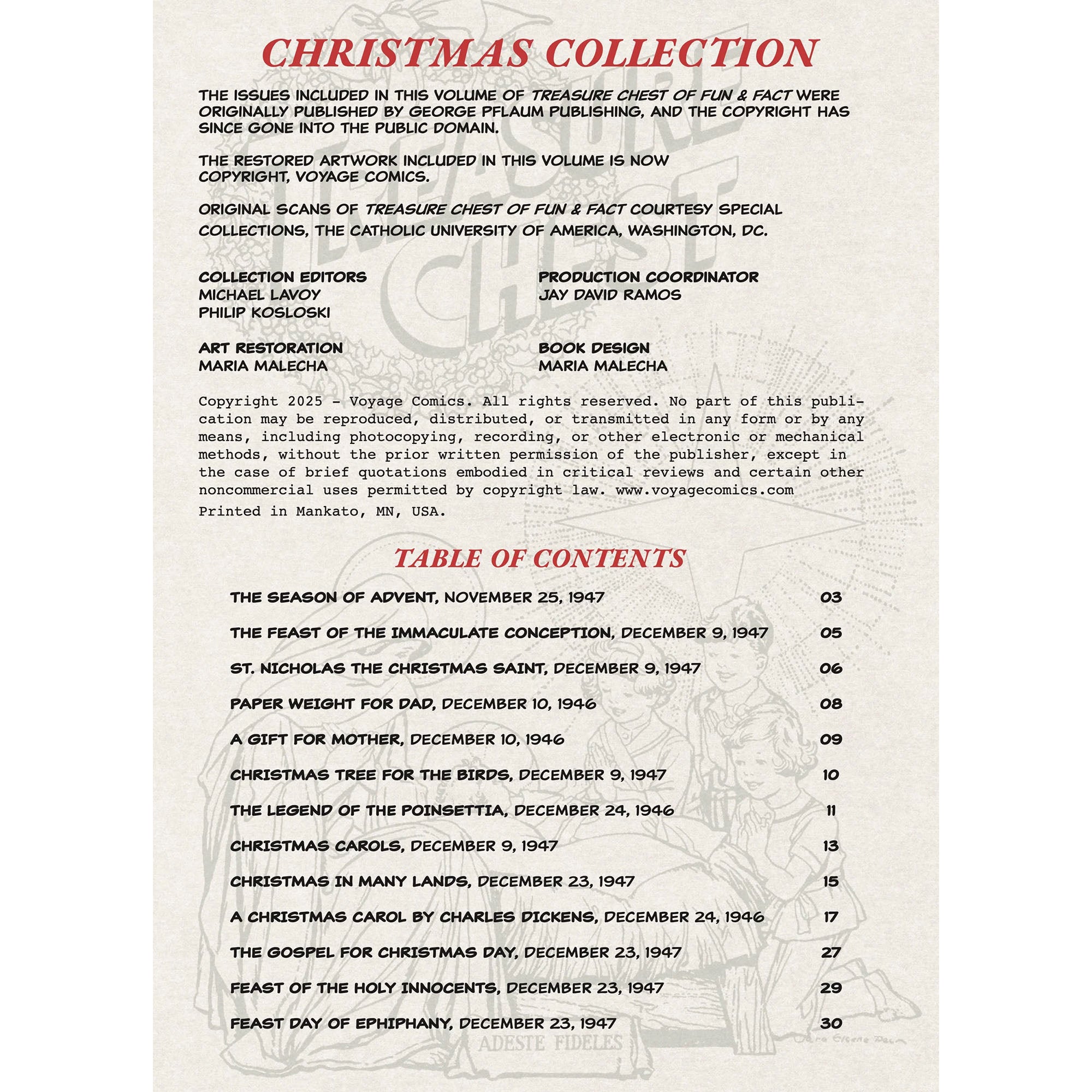 Table of contents for a "Christmas Collection" book with vintage-style text and illustrations.