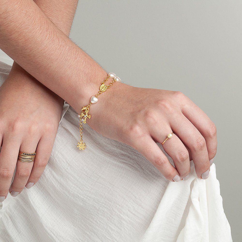 Double Strand Heart & Pearl Rosary Bracelet