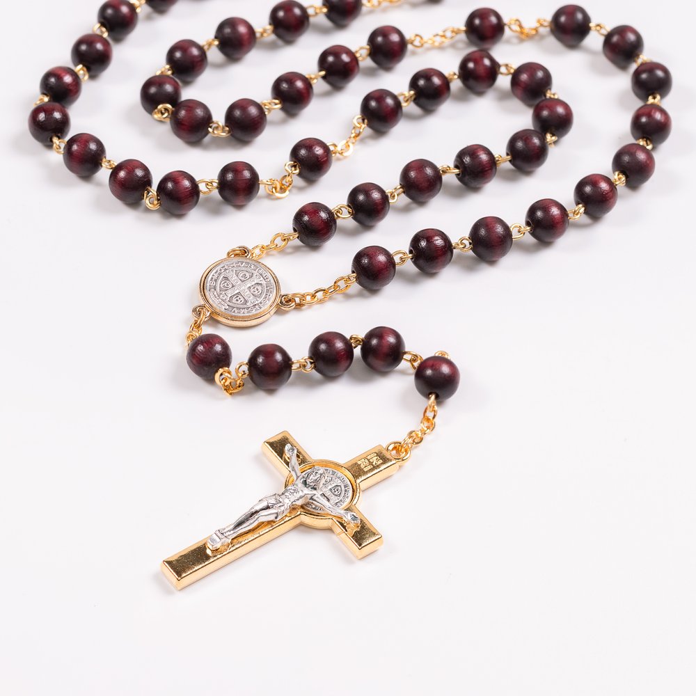 Two Tone Mahogany Wood St. Benedict Rosary