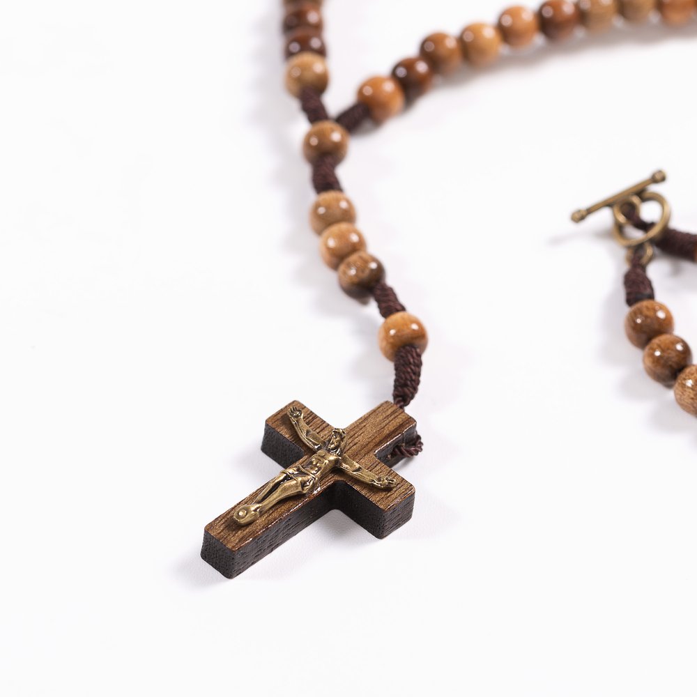 Imbuia Wood Corded Rosary Necklace with Clasp
