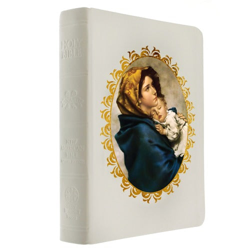 Holy Bible with white cover, featuring Mary and Child illustration in a gold oval frame.