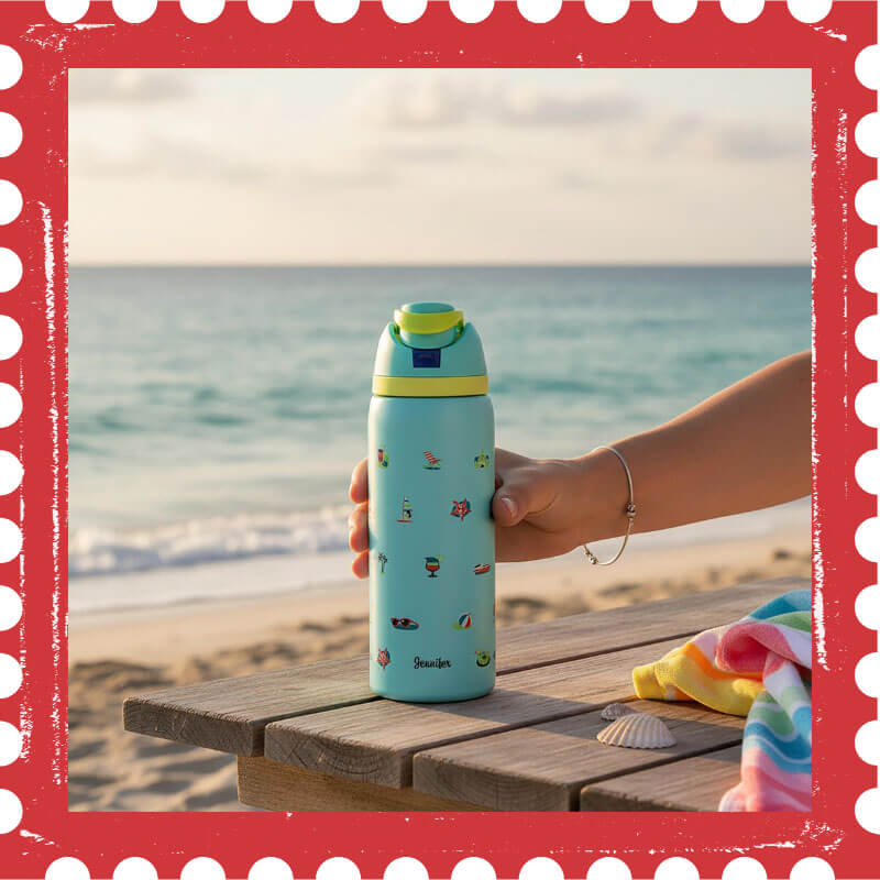 Hand holding a blue water bottle with a beach scene in the background