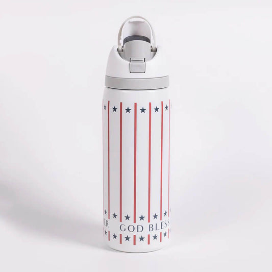 A white partiotic-looking water bottle with God Bless America written on the bottom.