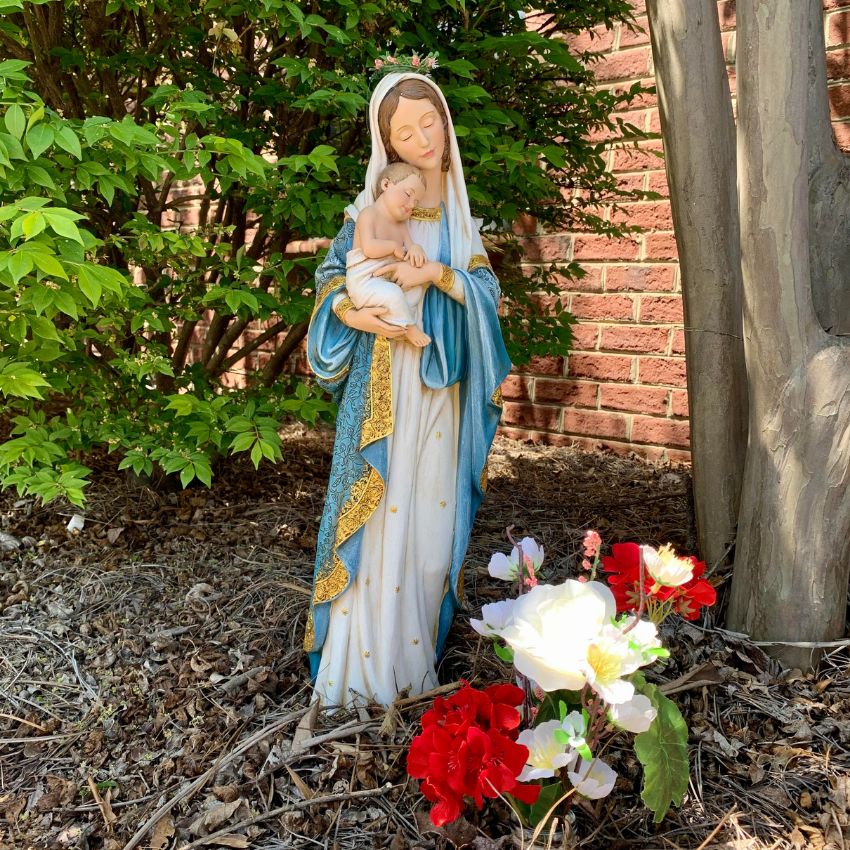 Gilded Madonna and Child Statue in garden
