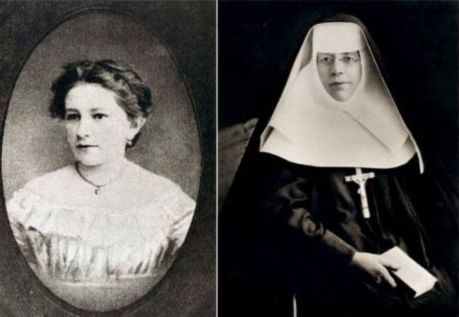 Side by side pictures of St. Katharine Drexel as a young girl and as a nun.