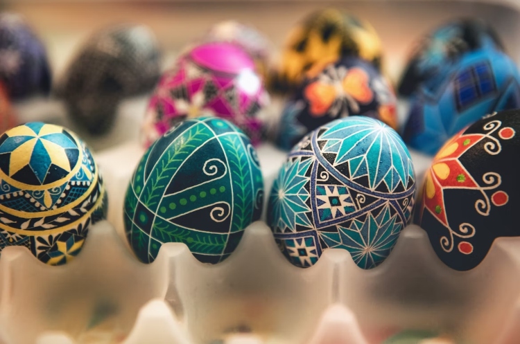 Vivid and beautifully crafted pysanky dry in preparation for varnishing. Then they will become treasured gifts at Easter.